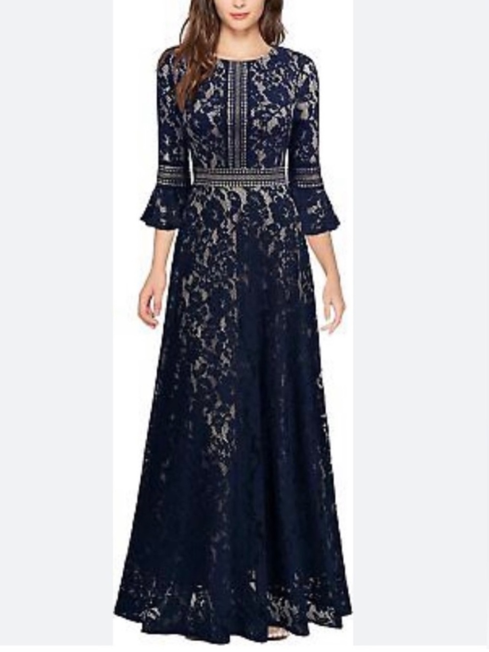 Missmay navy retro navy blue lace maxi dress nude lining sheer sleeves large